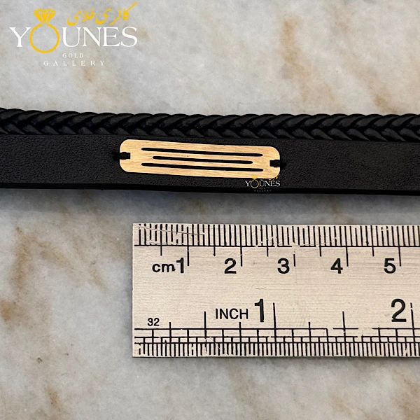 دستبند طلا مردانه چرم گیس بافت مشکی مات